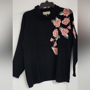 Vintage Outlander Black Wool Sweater with Floral Design